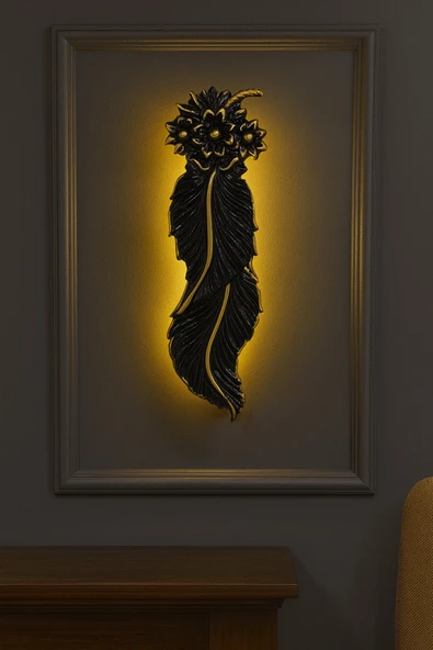 Tasarım Dekoratif Çiçekli Yaprak Aplik – Siyah Altın Detaylı (62x22 cm) pilli - Resim 2