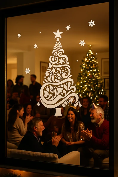 Happy New Year Sticker Çıkartma Yeni Yıl Süsü Parti Cam Süsü Noel Ağacı Kar Tanesi ürün görseli