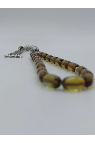 Şeffaf Yeşil Bilek Boy Alpaka Püskül Kehribar Tespih (Ahşap Kutu) - Resim 5