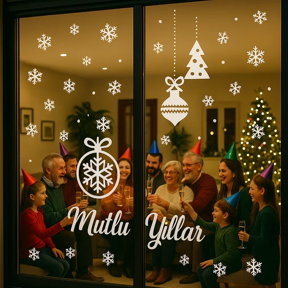 Mutlu Yıllar Kartanesi Yılbaşı Cam Vitrin Duvar Süsleme Etiket Sticker 50X100 cm - Resim 2