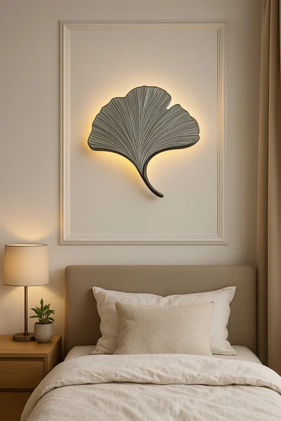 ASZEN Mabet Yaprağı LED Duvar Apliği Gümüş Siyah Çizgili | El İşçiliği | Pilli | 35×32 cm - Resim 2