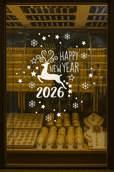Happy New Year Geyik Ve 2026 Yılbaşı Süslemeleri Yeni Yıl Vitrin,cam,duvar Sticker ürün görseli