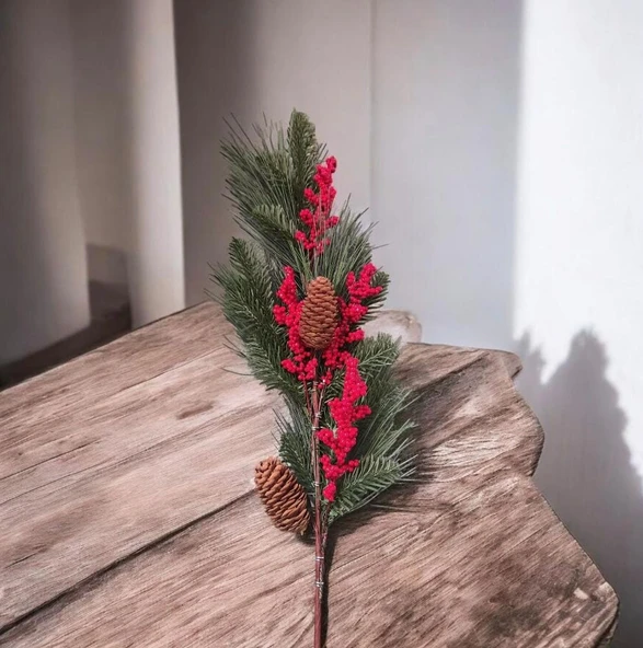 Yapay Çiçek Kokina ve Çam Dalı Uzun Dal Kozalaklı 75cm Yılbaşı Çiçeği Pıtırcıklı (1 adet) ürün görseli