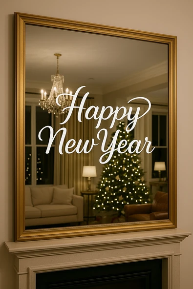 Happy New Year Temalı Vitrin Cam Sticker Beyaz Model 3 90X50 cm ürün görseli