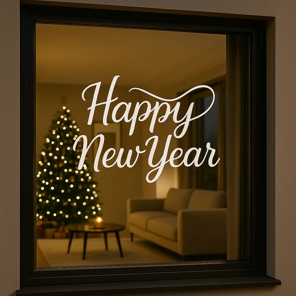 Happy New Year Temalı Vitrin Cam Sticker Beyaz Model 3 90X50 cm - Resim 2
