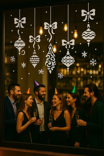 Happy New Year Sticker Çıkartma Yeni Yıl Süsü Parti Cam Süsü Kar Tanesi ürün görseli