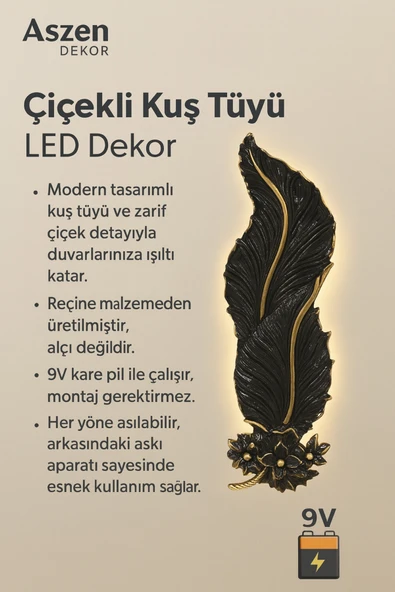 Tasarım Dekoratif Çiçekli Yaprak Aplik – Siyah Altın Detaylı (62x22 cm) pilli - Resim 3