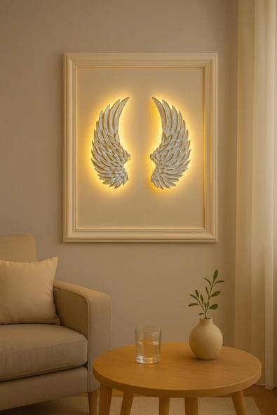 ASZEN Melek Kanadı Dekoratif Aplik – 50×40 cm (2 Parça) – Beyaz Gold Geçişli – 9V Pilli LED Işıklı ürün görseli 1