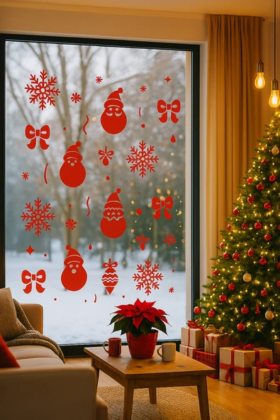 Yeniyıl Noel Temalı Vitrin Cam Kardan Adam Kar Tanesi Sticker Kırmızı 69 Adet - Resim 3