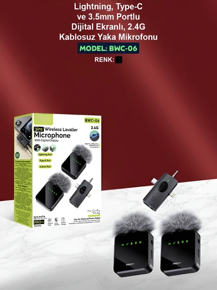 Lightining Type-C 3.5mm Uyumlu Dijital Ekranlı 2.4G Kablosuz Çift Yaka Mikrofonu Pro++ - Resim 8