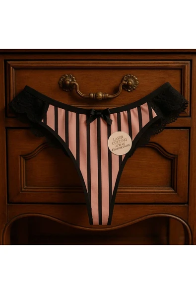 Vanilya Secret 3'lü Lazer Kesim Iz Yapmaz Çizgili Dantelli Kadın Tanga Külot ürün görseli 1