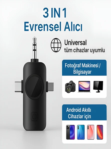 Lightining Type-C 3.5mm Uyumlu Dijital Ekranlı 2.4G Kablosuz Çift Yaka Mikrofonu Pro++ - Resim 4