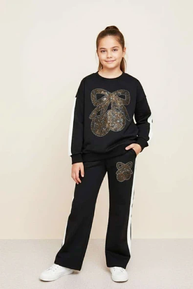 Kız Çocuk Taş İşlemeli Kiraz Ve Fiyonk Desenli-2 İplik-Alt-Üst Takım-5-12 Yaş 12445 - Resim 5