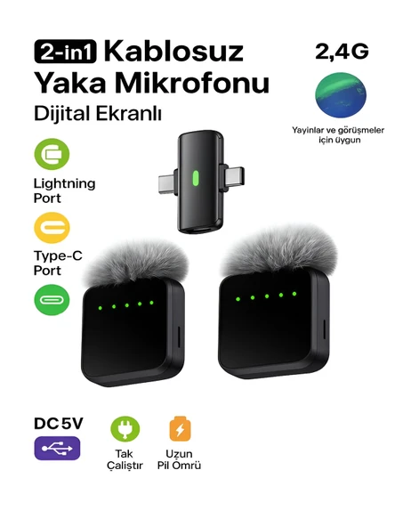 Lightining Type-C Girişli 200mAh Dijital Ekranlı 2.4G Kablosuz Çift Yaka Mikrofonu Pro++ ürün görseli 1