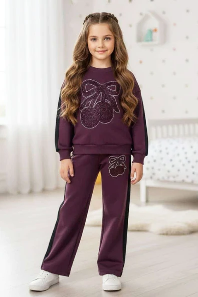 Kız Çocuk Taş İşlemeli Kiraz Ve Fiyonk Desenli-2 İplik-Alt-Üst Takım-5-12 Yaş 12445 - Resim 3