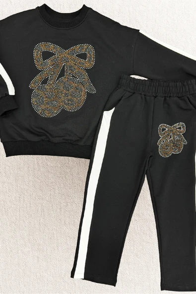 Kız Çocuk Taş İşlemeli Kiraz Ve Fiyonk Desenli-2 İplik-Alt-Üst Takım-5-12 Yaş 12445 - Resim 4