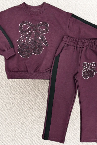 Kız Çocuk Taş İşlemeli Kiraz Ve Fiyonk Desenli-2 İplik-Alt-Üst Takım-5-12 Yaş 12445 - Resim 7