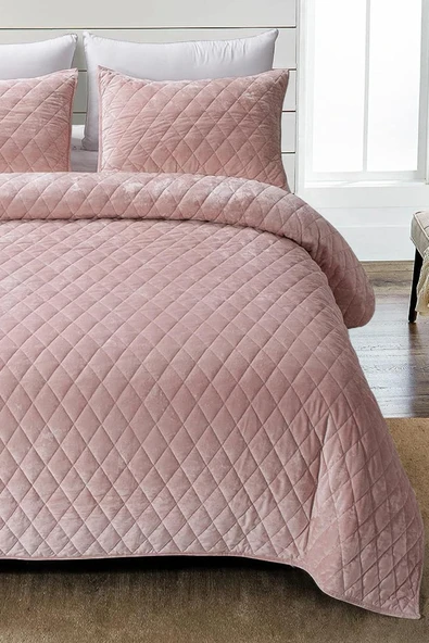 Evlen Home CollectionKapitone Kadife Yatak Örtüsü Seti Çift Kişilik Supersoft 2 Parça Yumuşak Elyaf Dolgulu Çeyizlik Pudra ürün görseli 1