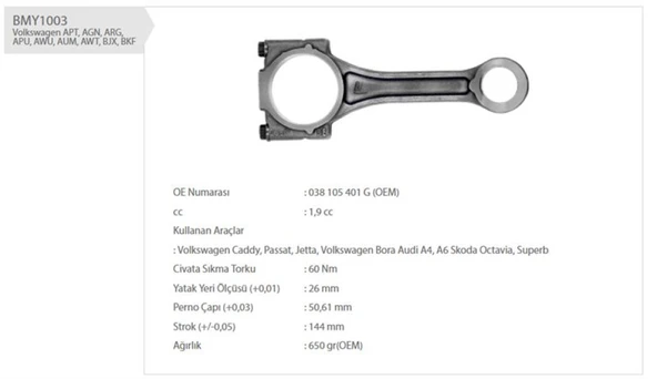 Vag Piston Biyel Kolu 1.9tdi Passat Sharan Touran A4 Bsu Atj Bru Bsw Auy Arl Anu Btb Avq Avb - Bmy 1003 ürün görseli 1