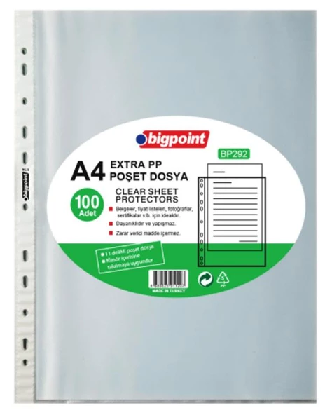 Bigpoint A4 Extra PP Poşet Dosya 100lü Paket