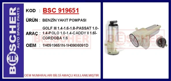 Vag Benzin Yakıt Pompası Golf III 1.4-1.6-1.8-Passat 1.0-1.4-Polo 1.0-1.4-Caddy II 1.6i-Cordoba 1.6 - Bsc 919651 ürün görseli