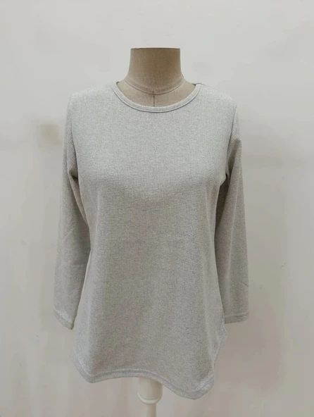 MDB Kadın Uzun Kollu Yuvarlak Yaka Arkadan Düğmeli Waffle Bluz - Resim 4