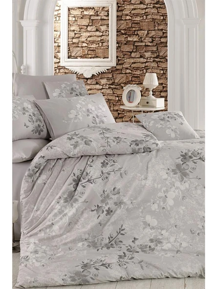 Çift Kişilik Nevresim Takımı Pamuklu Gümüş Çiçek ürün görseli 1