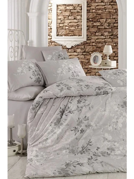 Çift Kişilik Nevresim Takımı Pamuklu Gümüş Çiçek - Resim 2