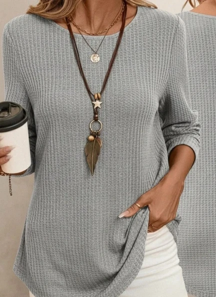 MDB Kadın Uzun Kollu Yuvarlak Yaka Arkadan Düğmeli Waffle Bluz - Resim 2