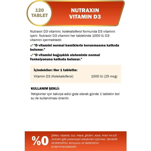 Nutraxin Vitamin D3 1000 IU 120 Tablet - Resim 2