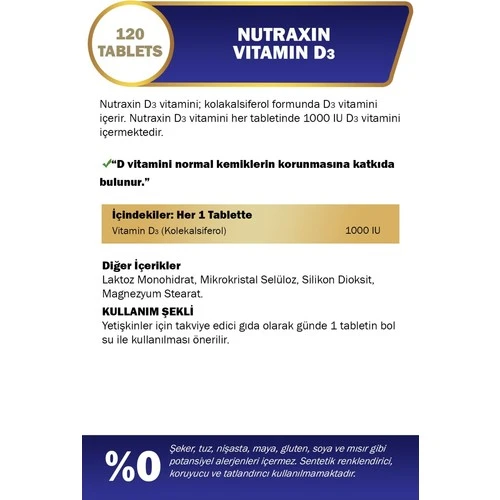 Nutraxin Vitamin D3 1000 IU 120 Tablet - Resim 3