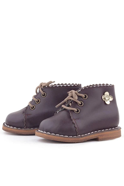 Rakerplus Handmade Hakiki Deri Kahverengi Çiçek Detaylı Bağcıklı Bebek Bot - Resim 5