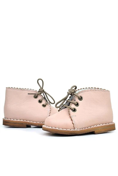 Rakerplus Handmade Hakiki Deri Pudra Pembe Bağcıklı Kız Bebek Bot - Resim 11