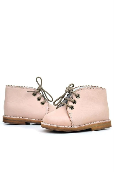 Rakerplus Handmade Hakiki Deri Pudra Pembe Bağcıklı Kız Bebek Bot - Resim 5