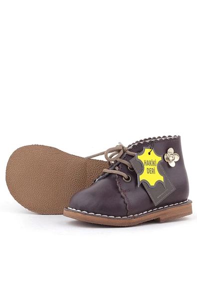 Rakerplus Handmade Hakiki Deri Kahverengi Çiçek Detaylı Bağcıklı Bebek Bot - Resim 6