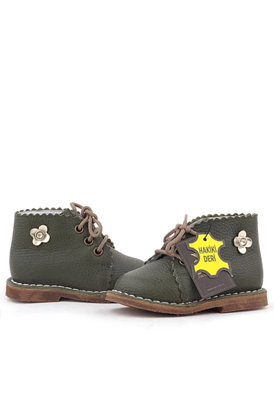 Rakerplus Handmade Hakiki Deri Haki Yeşil Çiçekli Bağcıklı Bebek Bot - Resim 7
