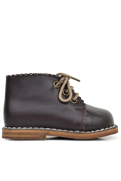 Rakerplus Handmade Hakiki Deri Kahverengi Bağcıklı Kız Bebek Bot - Resim 9