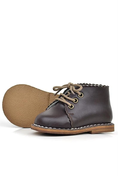 Rakerplus Handmade Hakiki Deri Kahverengi Bağcıklı Kız Bebek Bot - Resim 5