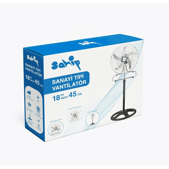 3İN1 KULLANIM 18 İNÇ 45 CM SANAYİ TİPİ AYAKLI VANTİLATÖR 5-METAL PERVANE 3-KADEME HIZ 75WY:150CM FAN (5314) ürün görseli 1