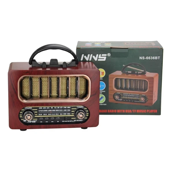 Orta Boy Retro Ahşap Tasarım Bluetooth Hoparlörlü Radyo – FM/AM Destekli, Şarjlı ve Taşınabiliri Radyo NS-6636 (5314) - Resim 3