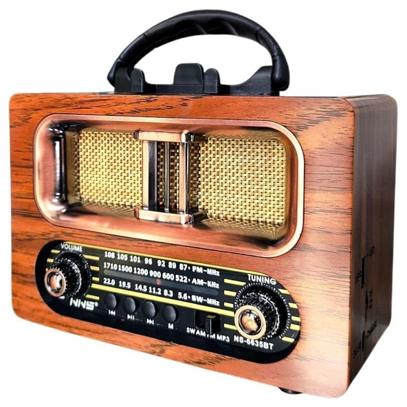 Büyük Boy Retro, Nostaljik, Ahşap Tasarım Bluetooth Hoparlörlü, Şarjlı, Taşınabilir FM/AM Destekli Radyo NS-6635 (5314) ürün görseli 1