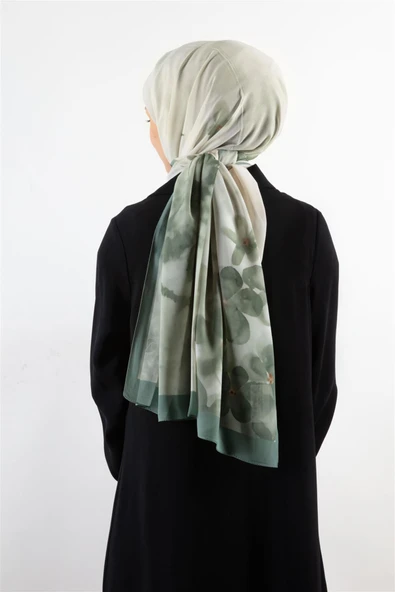 KREP ŞAL BATİK VE ÇİÇEK DESENLİ HAKİ - SOMON RENKLİ 70X190 KIRIŞMAZ ŞAL İTALYAN DİKİŞLİ ürün görseli 1