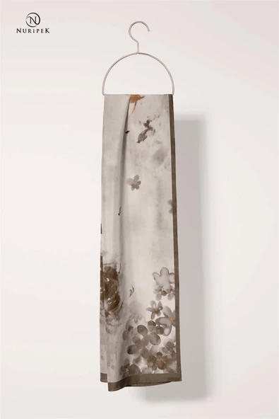 KREP ŞAL BATİK VE ÇİÇEK DESENLİ KAHVERENGİ - SOMON RENKLİ 70X190 KIRIŞMAZ ŞAL İTALYAN DİKİŞLİ - Resim 3