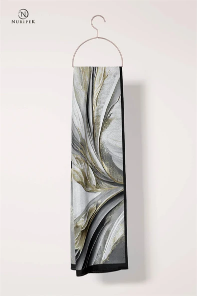 KREP ŞAL EFEKTLİ VE SOYUT DESENLİ SİYAH - GRİ RENKLİ 70X190 KIRIŞMAZ ŞAL İTAYLYAN DİKİŞLİ - Resim 3