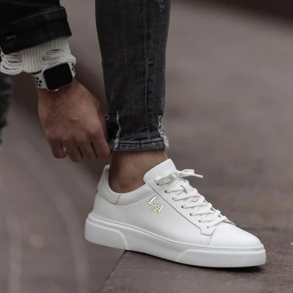 Kalın Ortopedik Tabanlı %100 Deri Sneaker Spor Ayakkabı - Beyaz - Resim 2