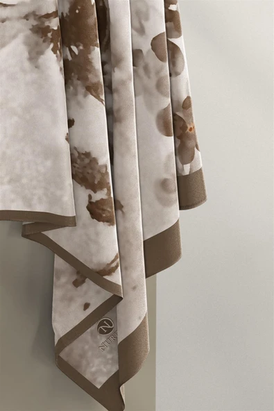 KREP ŞAL BATİK VE ÇİÇEK DESENLİ KAHVERENGİ - SOMON RENKLİ 70X190 KIRIŞMAZ ŞAL İTALYAN DİKİŞLİ - Resim 4