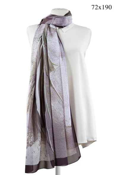 KREP ŞAL EFEKTLİ VE SOYUT DESENLİ MÜRDÜM RENKLİ 70X190 KIRIŞMAZ ŞAL İTAYLYAN DİKİŞLİ - Resim 6