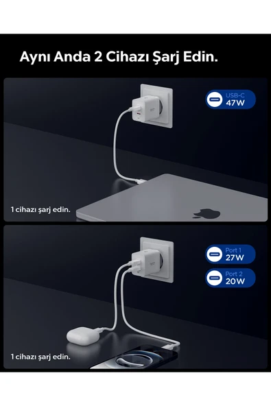 Spigen 47W USB-C 2 Port Mini Hızlı Şarj Aleti Samsung PPS 2.0 / GaN Destekli Akım Korumalı Type-C ACH08707 - Resim 5