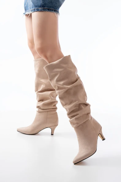 SR-2001 Bej Süet İnce Topuklu Günlük Bayan Çizme ürün görseli