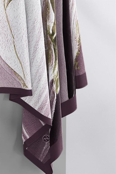 KREP ŞAL EFEKTLİ VE SOYUT DESENLİ MÜRDÜM RENKLİ 70X190 KIRIŞMAZ ŞAL İTAYLYAN DİKİŞLİ - Resim 4